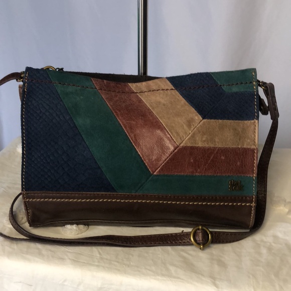 THE SAK brown, green,and blue leather and suede shoulder bag. Detachable straps. - Picture 6 of 12